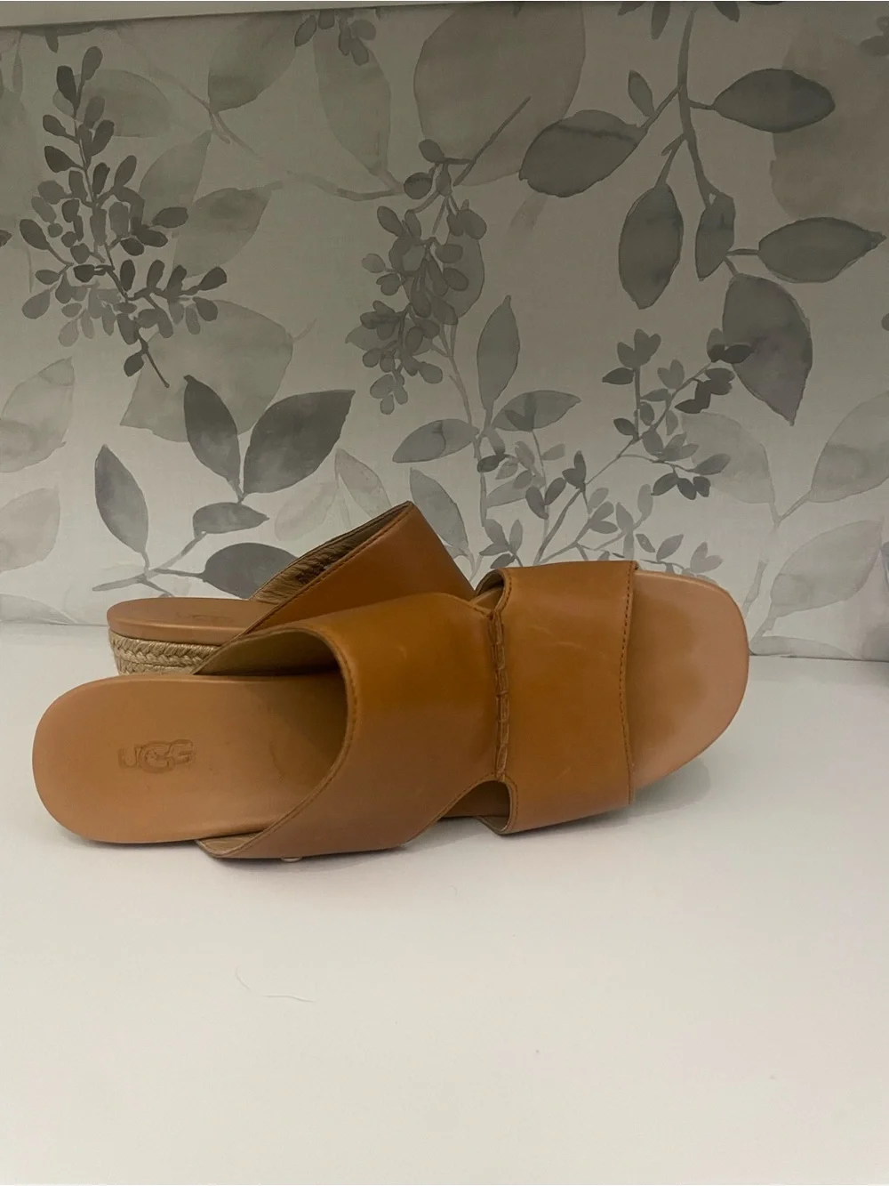 UGG Cognac Leather Espadrille Wedge Slide Sandals